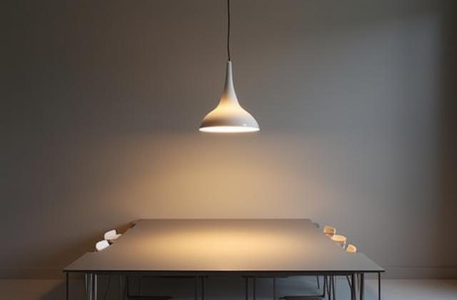 Moderne anhengslampe over et spisebord, mykt varmt lys.
