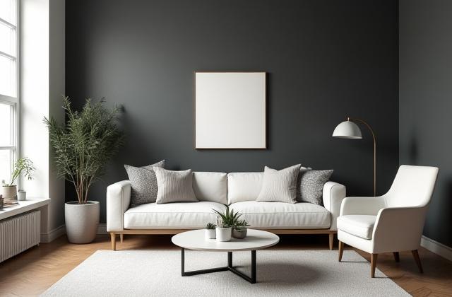 Stuet interiør med aksentvegg i en dyp, beroligende farge, moderne design.